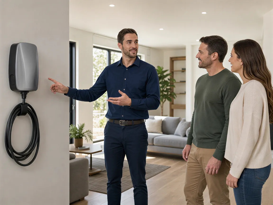 Ein Elektriker zeigt einem zufriedenen Paar eine neu installierte Wallbox-Ladestation in einem hellen, modernen Wohnzimmer.