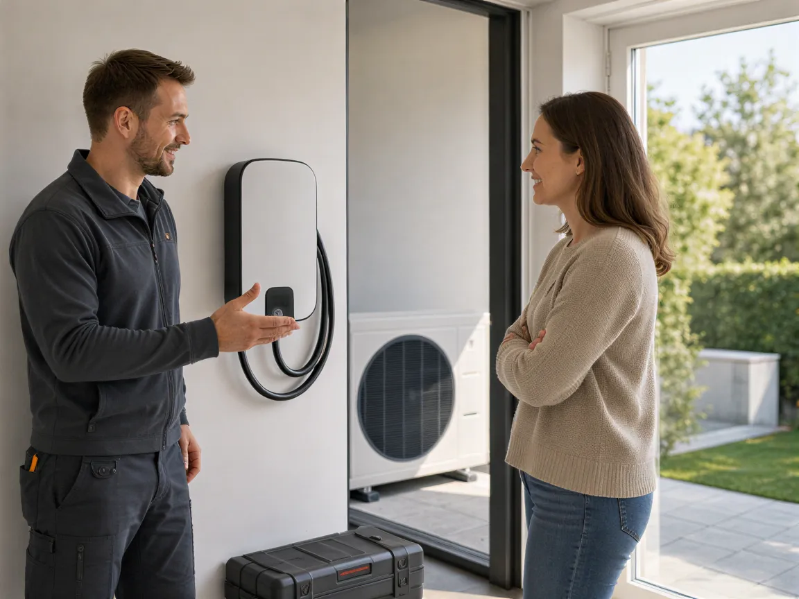 Ein Elektriker zeigt einem zufriedenen Hausbesitzer eine neu installierte Wallbox-Ladestation in einer Garage.