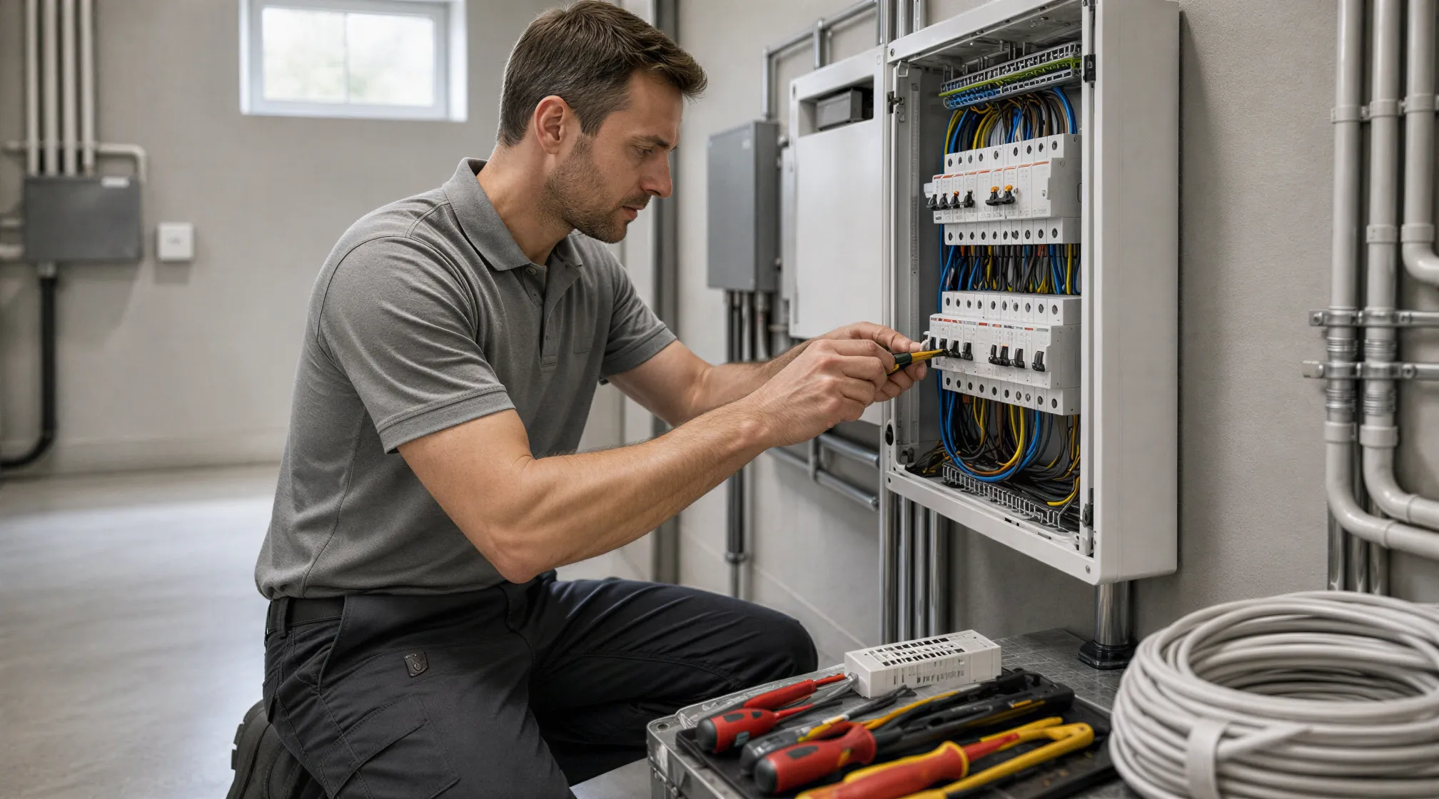 Ein Elektriker verbindet sorgfältig Drähte in einem sauberen, modernen Elektroverteiler in einem hellen Technikraum.