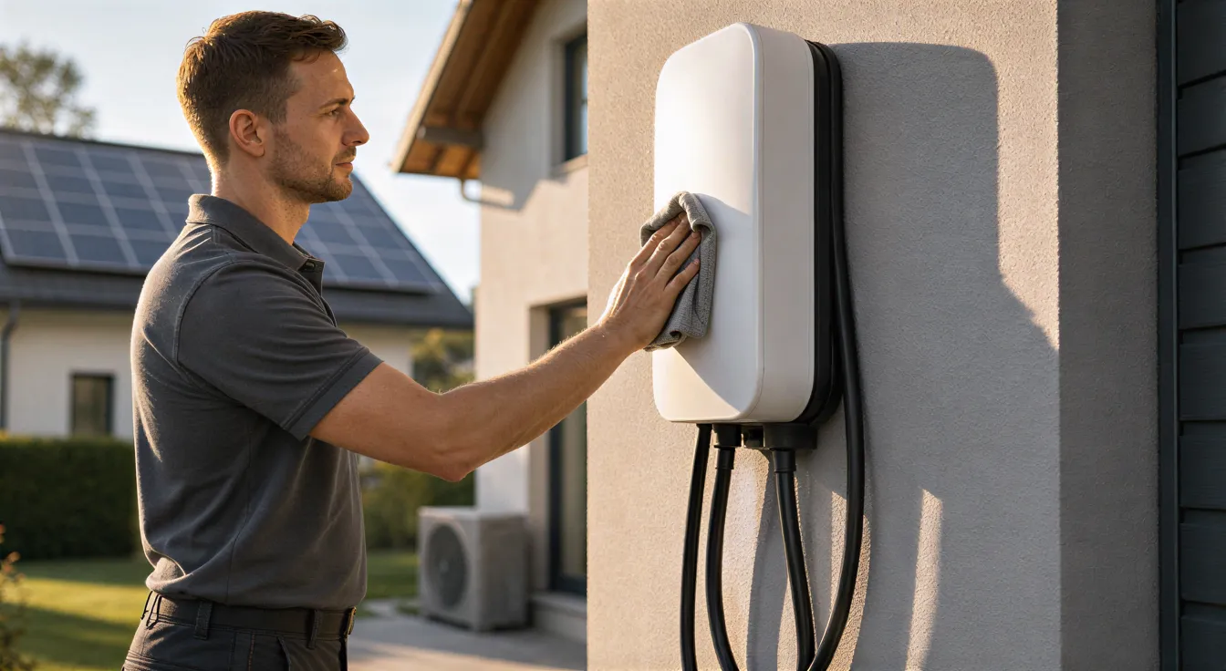 Ein Elektriker reinigt eine weiße Wallbox an einer Hauswand bei warmem Abendlicht.