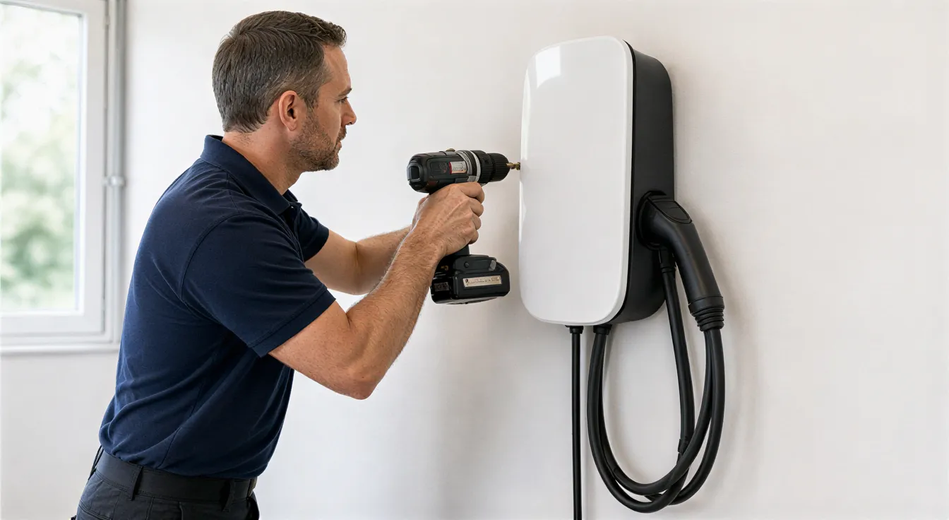 Ein Elektriker montiert eine moderne Wallbox für Elektroautos an der weißen Wand einer sauberen Garage.