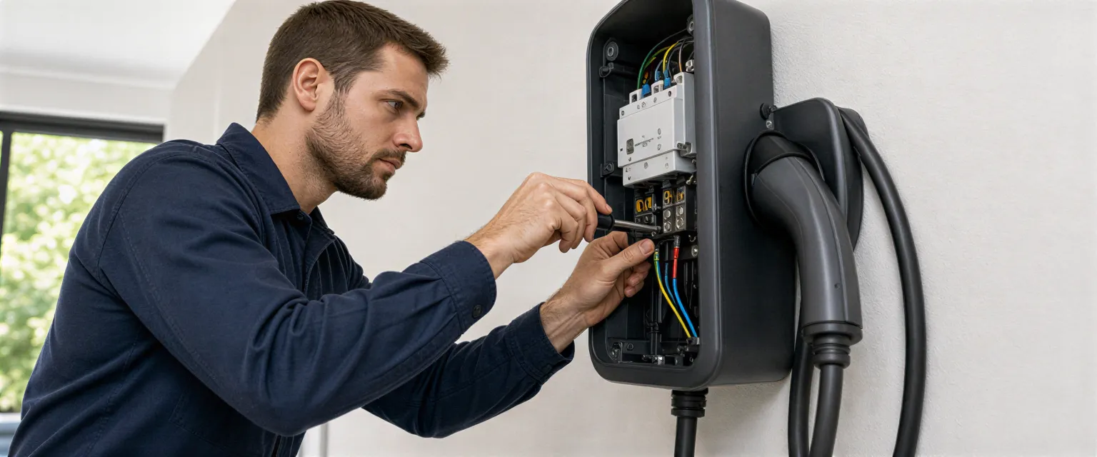 Ein Elektriker in dunkelblauer Arbeitskleidung installiert eine Wandladestation für Elektroautos in einer Garage.