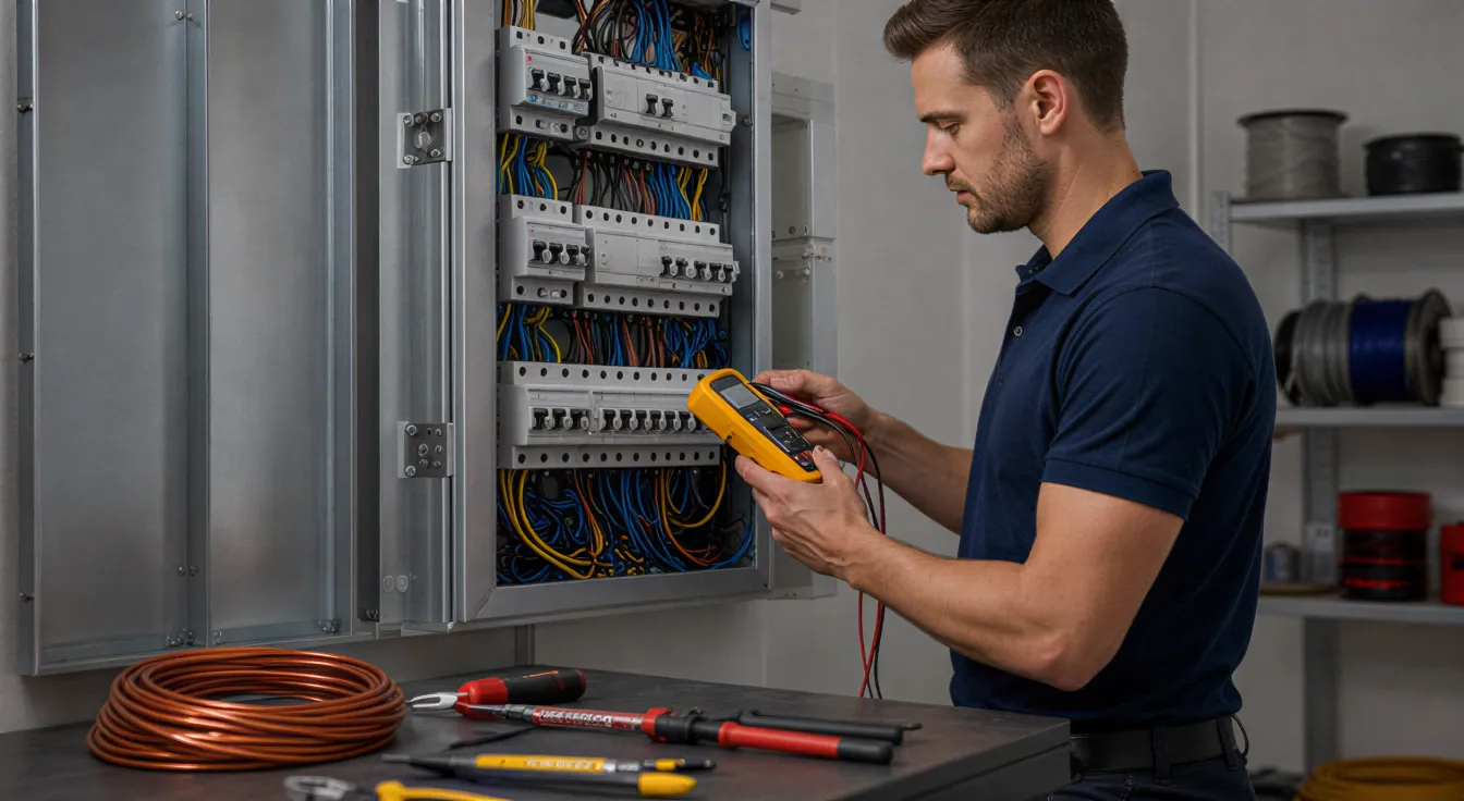 Ein Elektriker prüft mit einem Multimeter die Verkabelung in einem sauberen, modernen Sicherungskasten.
