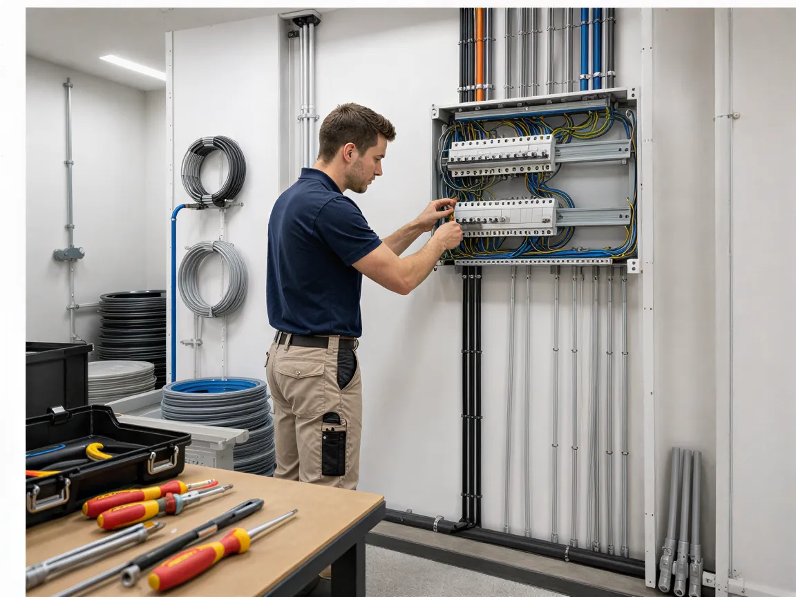 Ein Elektriker in einem modernen Wohnungs-Elektroraum verbindet sorgfältig Kabel in einem neuen Verteilerkasten.