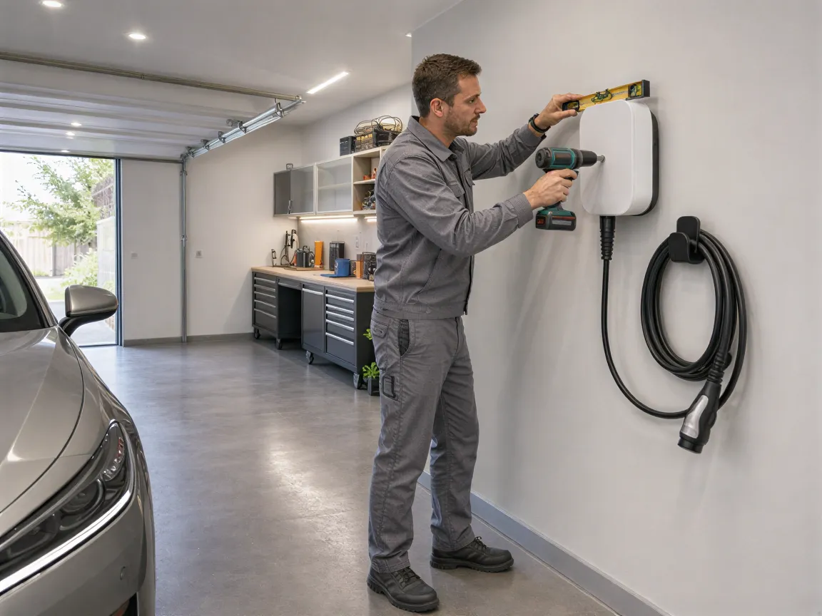 Ein Elektriker installiert eine moderne Wallbox-Ladestation an einer sauberen Garagenwand.