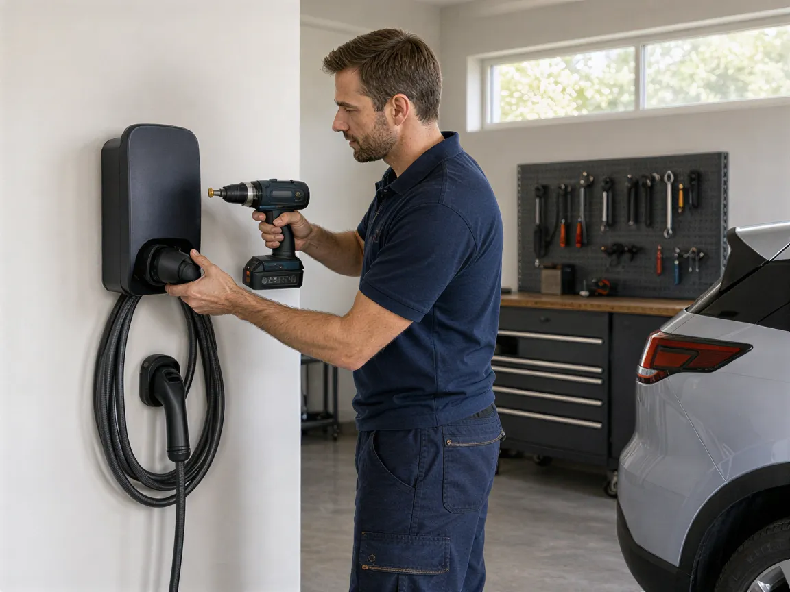 Ein Elektriker installiert eine Ladestation für Elektroautos an einer weißen Garagenwand.