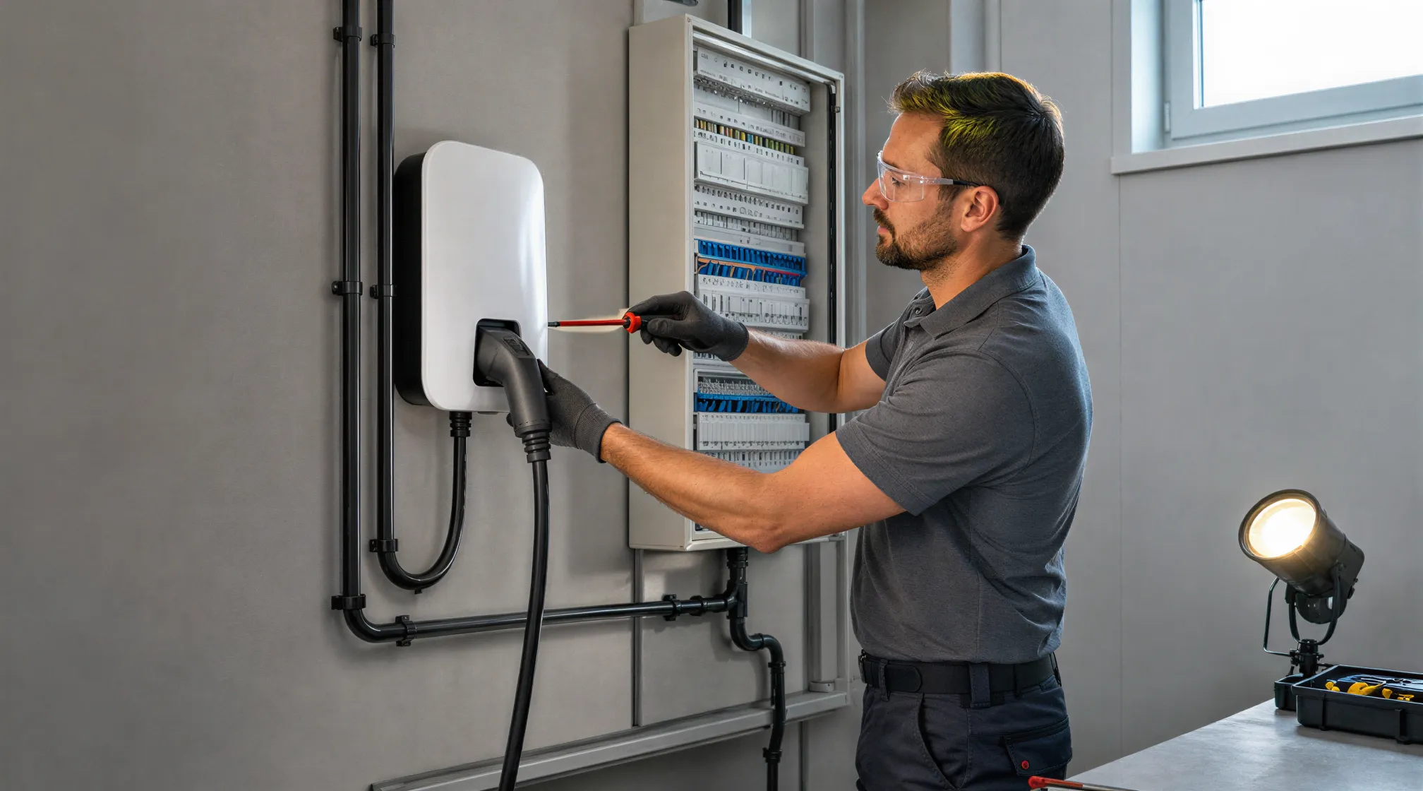 Ein Elektriker installiert eine weiße Ladestation für Elektrofahrzeuge an einer grauen Wand in einem modernen Technikraum.