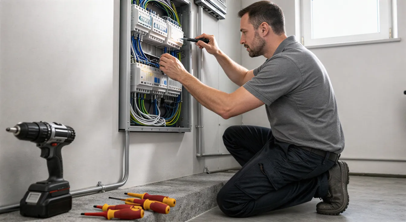 Ein Elektriker installiert farblich gekennzeichnete Kabel in eine Wandverteilung in einem modernen Technikraum.