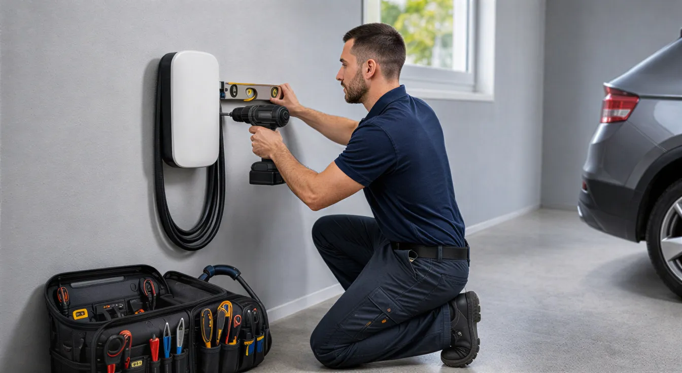 Ein Elektriker installiert eine weiße Wallbox für Elektroautos an einer hellgrauen Garagenwand.