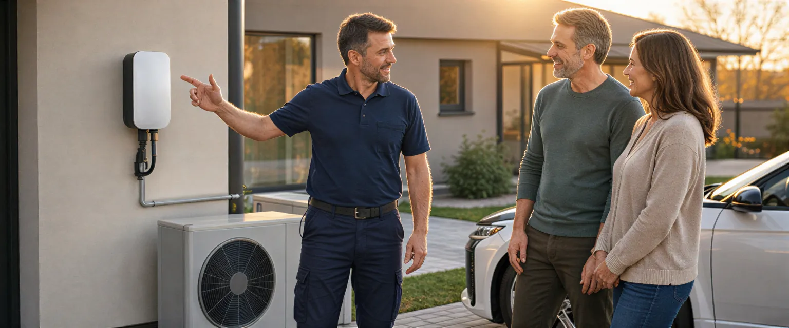 Ein Elektriker erklärt zwei Hausbesitzern die Funktion einer neuen Wallbox für ihr Elektroauto an einem modernen Haus.