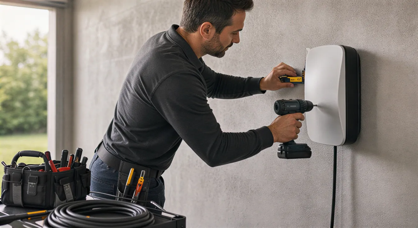 Ein Elektriker installiert eine moderne Wallbox-Ladestation an einer hellgrauen Garagenwand.