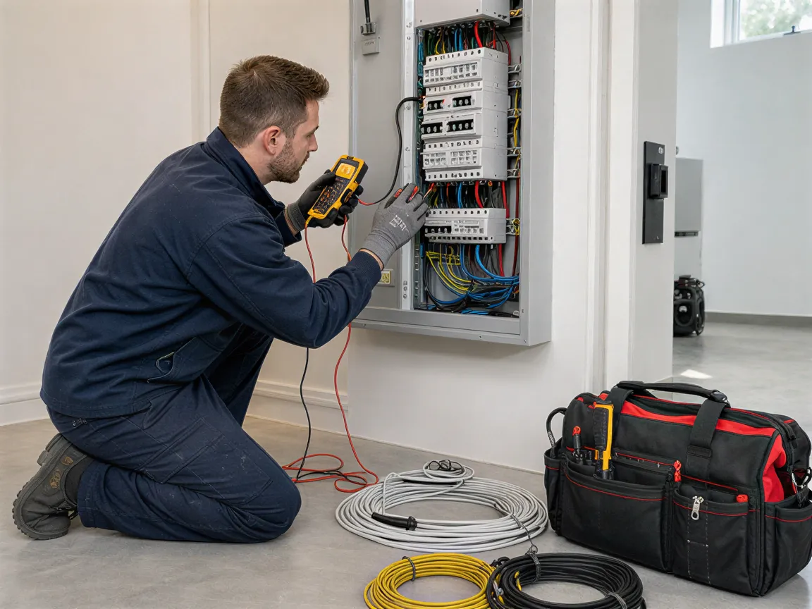 Ein Elektriker in blauer Arbeitskleidung installiert präzise einen modernen Sicherungskasten in einem hellen Technikraum.