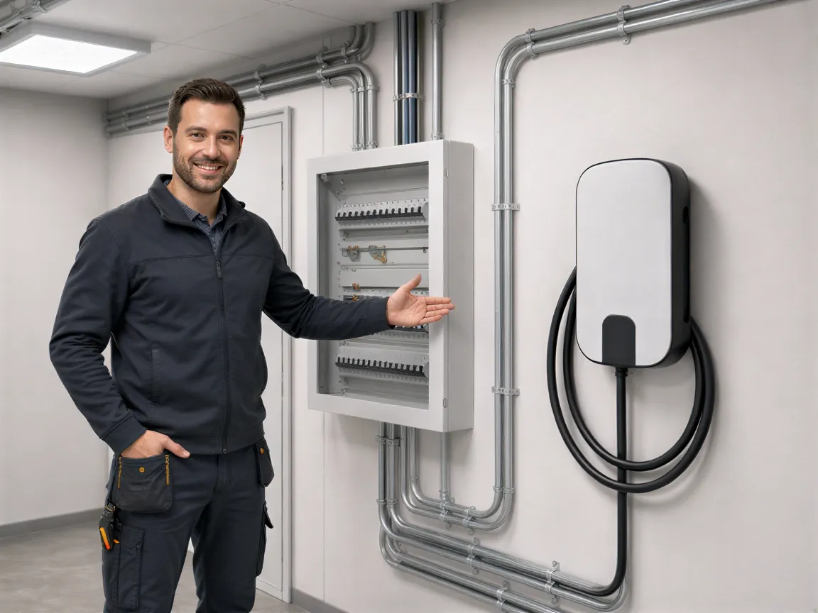Ein Elektriker zeigt auf eine neu installierte Wallbox für Elektroautos in einem sauberen Technikraum.