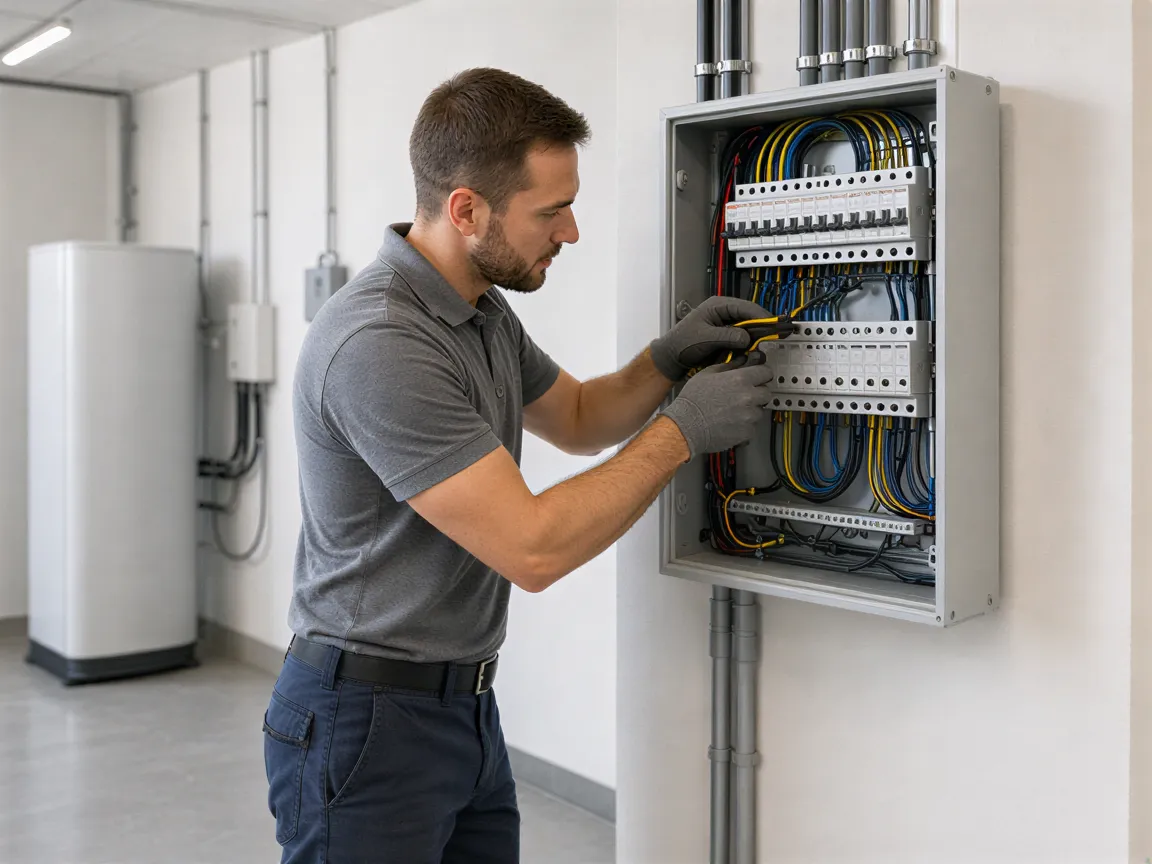 Ein Elektriker in einem modernen Technikraum installiert sorgfältig Kabel in einem offenen Sicherungskasten.