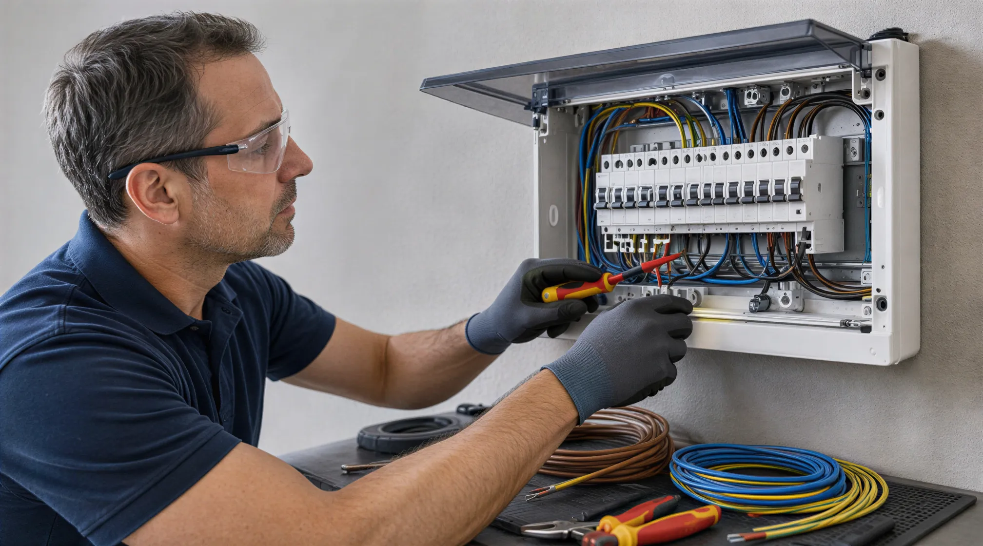 Ein Elektriker verbindet sorgfältig Kabel in einer modernen Wandverteilung in einem hellen Technikraum.