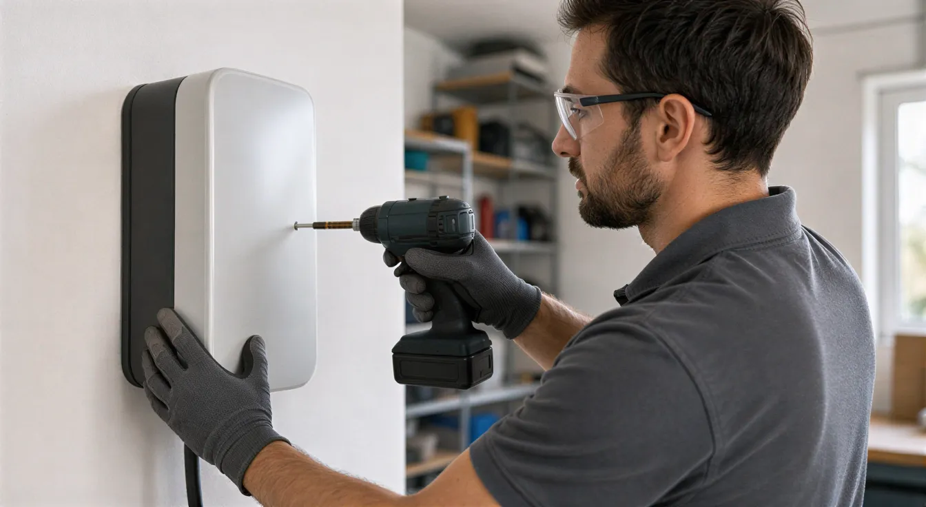 Ein Elektriker installiert eine moderne Wandbox für eine E-Auto-Ladestation an einer weißen Garagenwand.