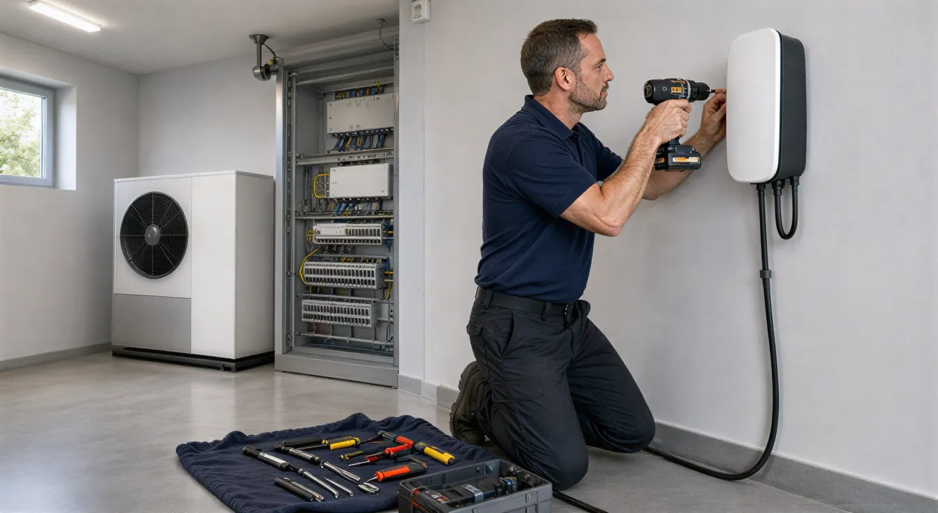 Ein Elektriker installiert eine Wallbox-Ladestation für Elektroautos an einer Garagenwand.