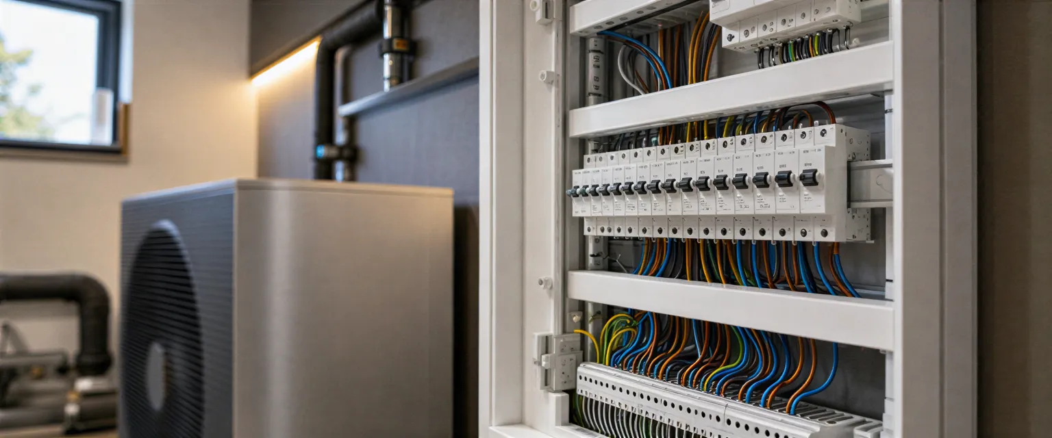 Ein weißer Verteilerkasten mit farbcodierten Kabeln neben einer modernen Wärmepumpe in einem sauberen Technikraum.