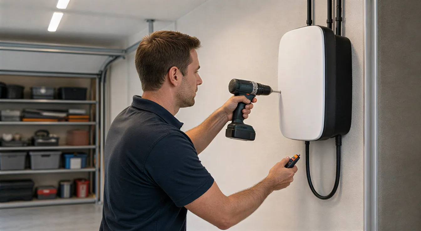 Ein Elektriker installiert eine weiße Wallbox für Elektroautos an einer hellen Garagenwand.