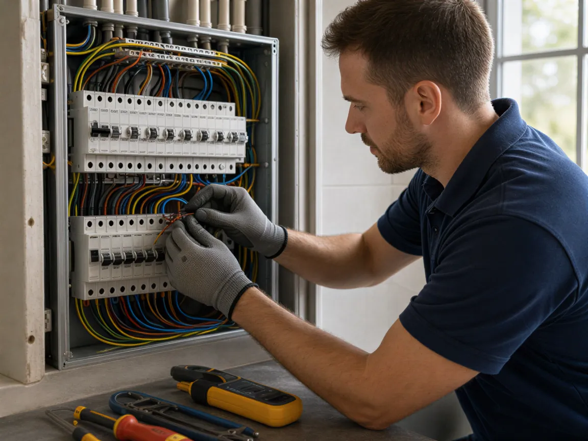 Ein Elektriker verbindet mehrfarbige Drähte in einem neuen Sicherungskasten, Werkzeuge liegen ordentlich bereit.