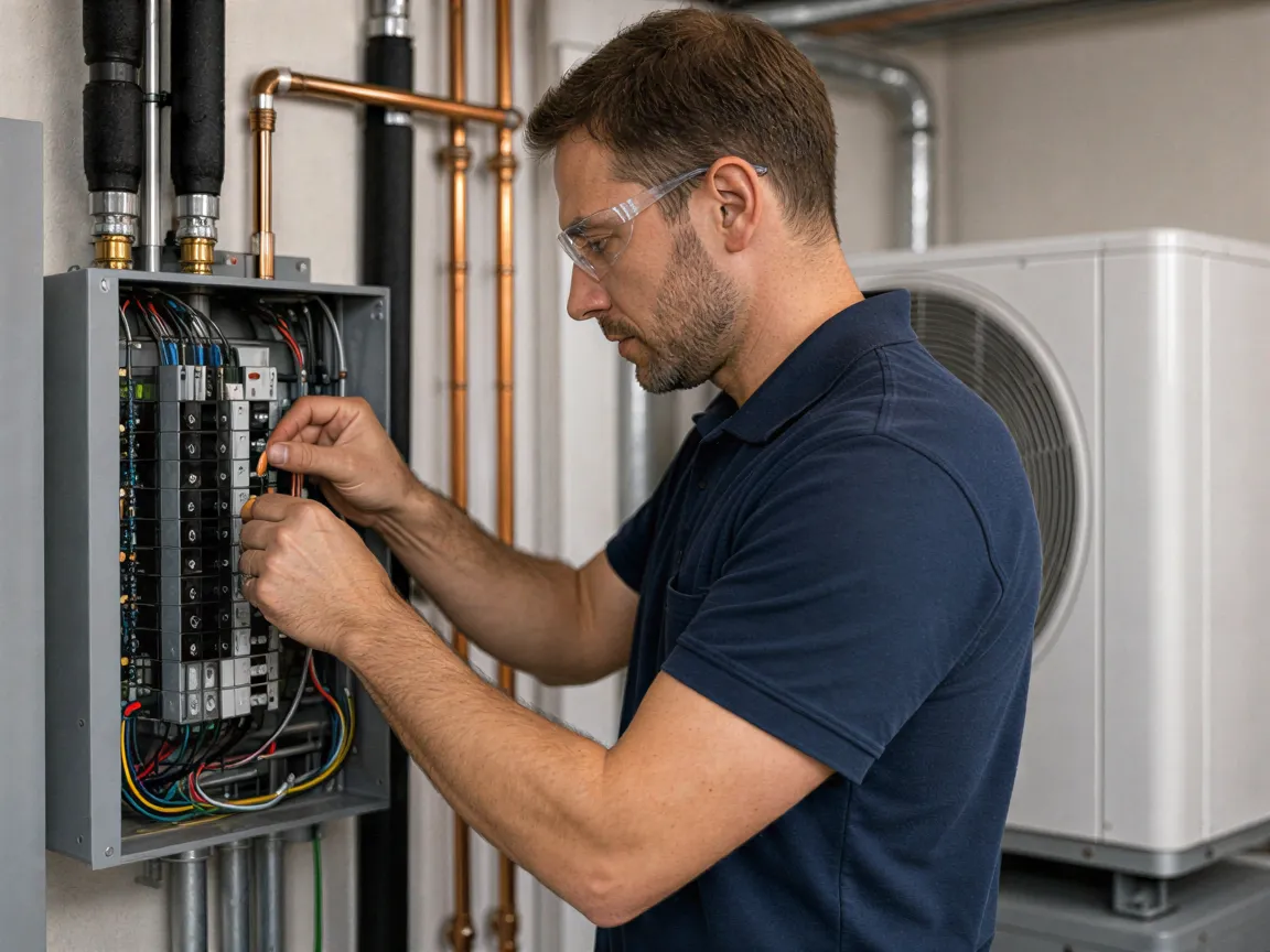 Ein Elektriker verbindet präzise Kabel in einem grauen Verteilerkasten in einem modernen Technikraum.