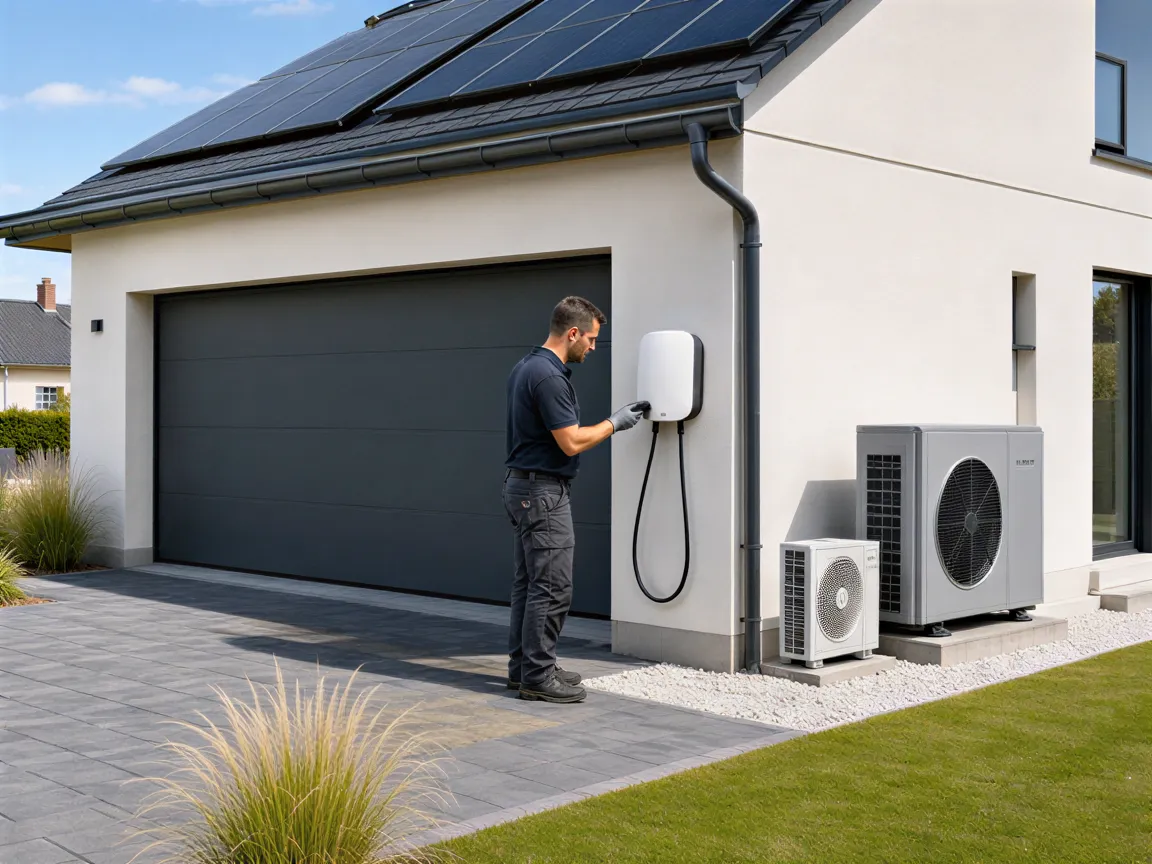 Ein Elektriker prüft eine Wandladestation vor einem modernen Haus mit Wärmepumpe und Solaranlagen.