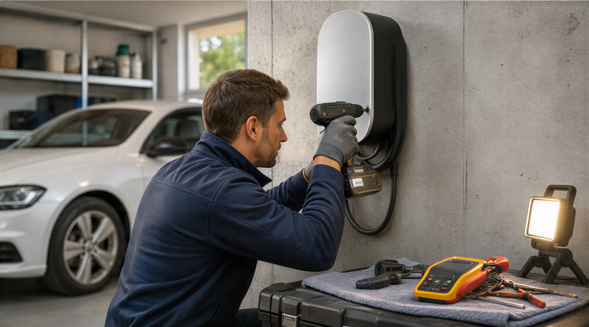 Ein Elektriker installiert eine moderne Wallbox für Elektroautos an einer Betonwand in einer Garage.