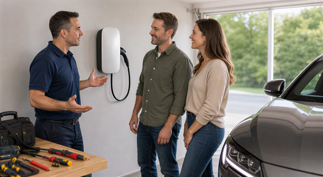 Ein Elektriker erklärt einem Hausbesitzerpaar eine neu installierte Ladestation für Elektroautos in einer modernen Garage.