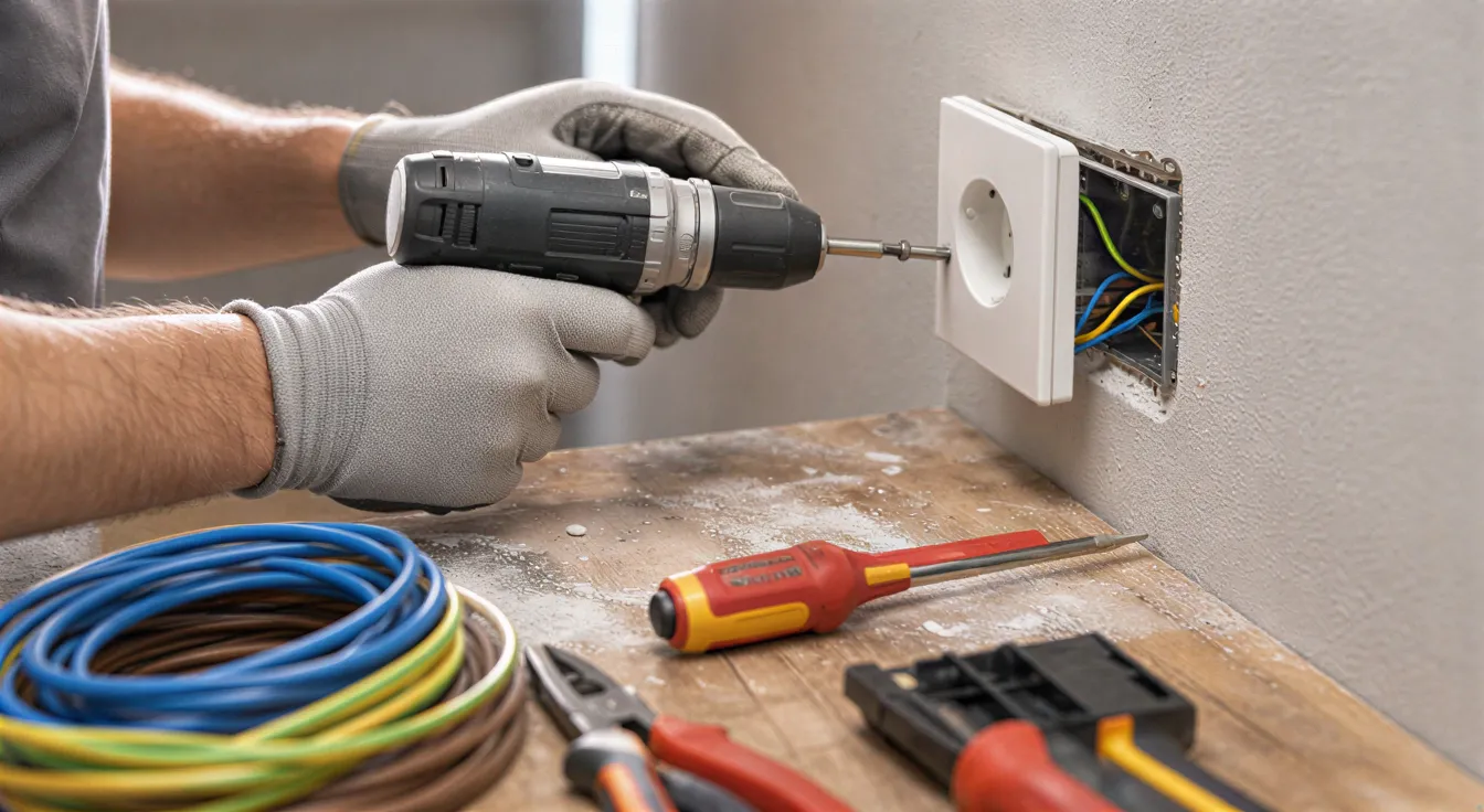 Die Hände eines Elektrikers installieren eine Steckdose in einer frisch verputzten Wand auf einer Baustelle.