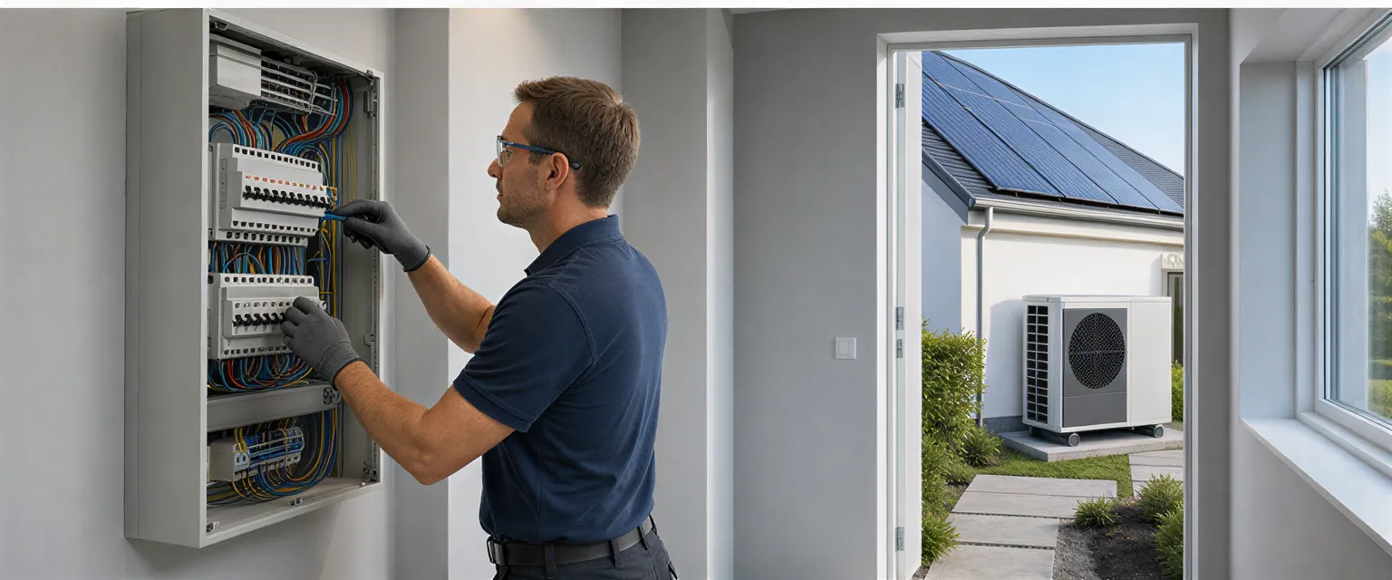 Ein Elektriker installiert sauber Drähte in einem modernen Sicherungskasten vor einem Haus mit Wärmepumpe und Solaranlage.