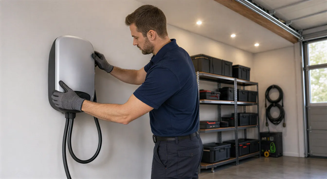 Ein Elektriker montiert eine moderne Ladestation für Elektroautos an einer sauberen Garagenwand.