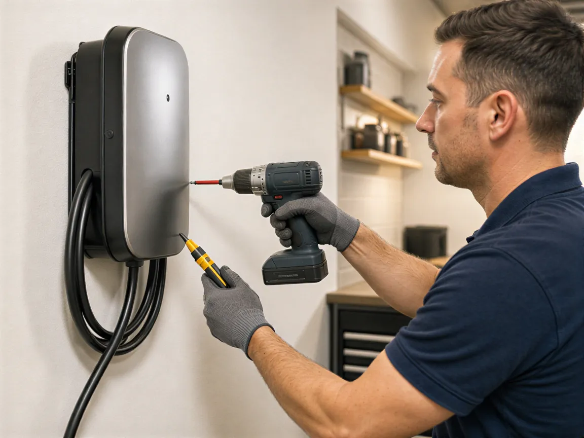 Ein Elektriker installiert eine moderne Wallbox-Ladestation an einer weißen Garagenwand mit Werkzeugen.