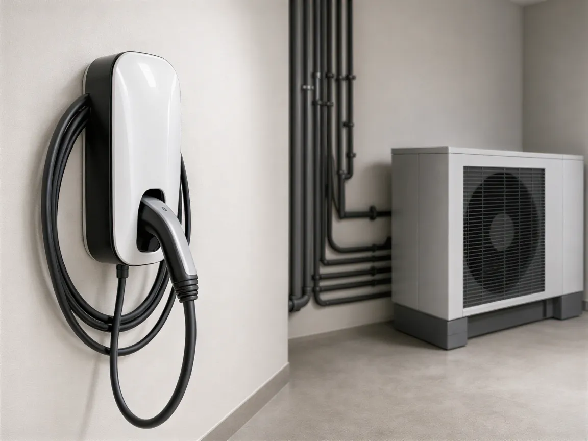 Eine moderne Wallbox und ein Teil einer Wärmepumpe in einem sauberen, neutralen Technikraum