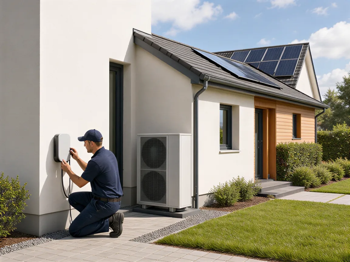 Ein Techniker installiert eine Wandladestation für Elektroautos an einem modernen Haus mit Wärmepumpe und Solarmodulen.