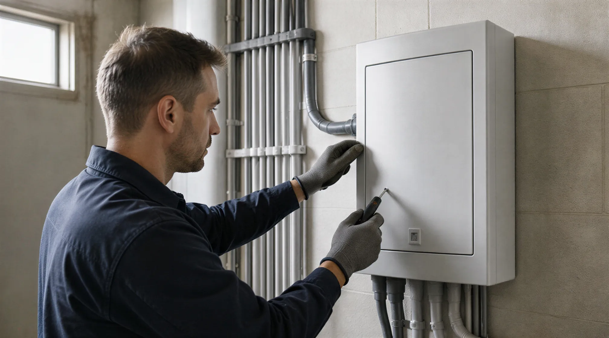 Ein Elektriker installiert eine moderne Wandverteilung in einem Wohnungsinstallationsraum mit sauber verlegten Kabeln.