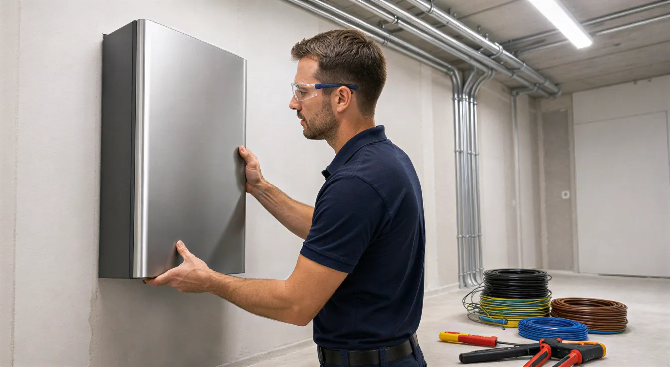 Ein Elektriker installiert ein silbernes Stromverteilerpaneel in einem modernen Technikraum mit sauberem Betonboden.