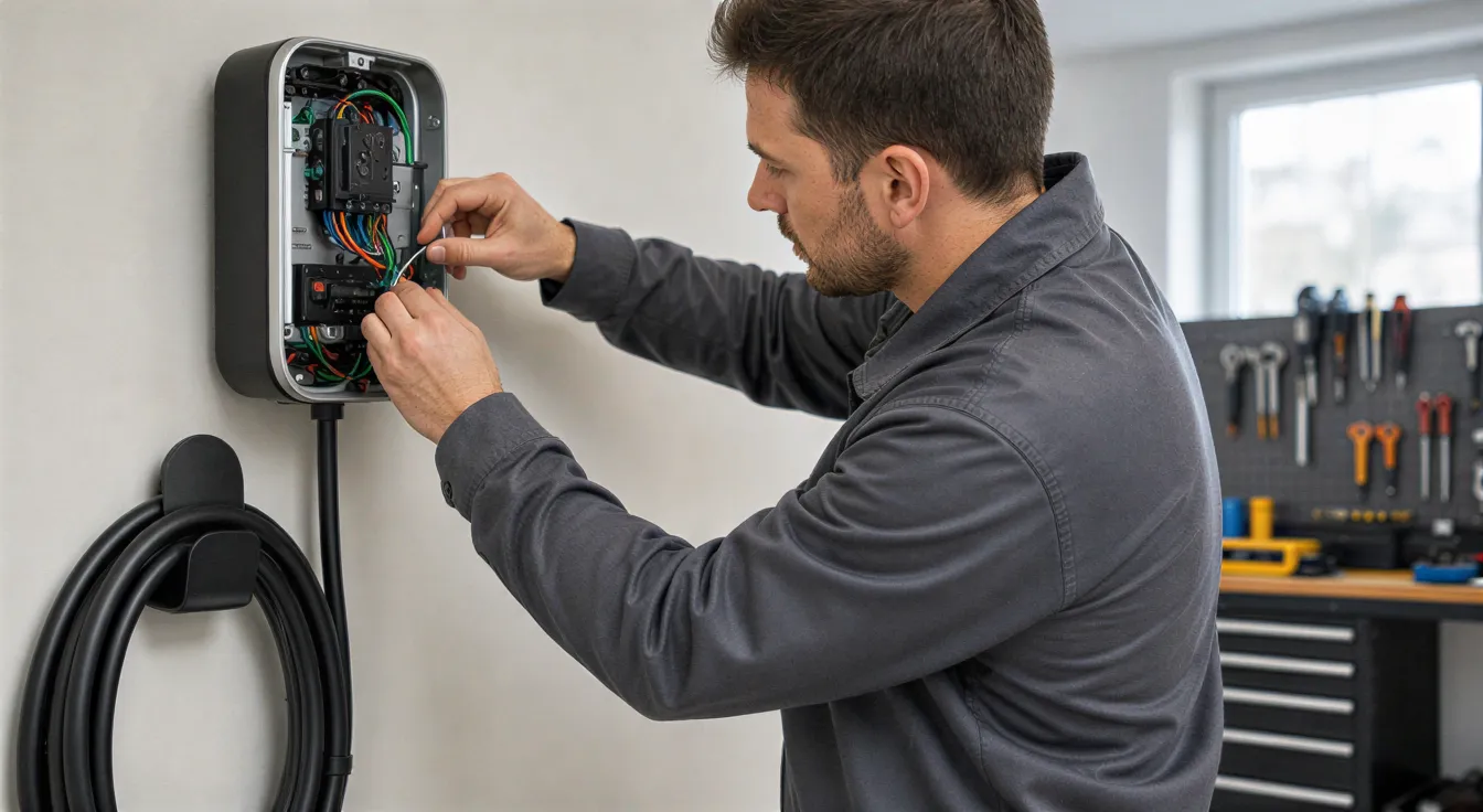 Ein Elektriker installiert eine moderne Wallbox für ein Elektroauto an der Wand einer sauberen Garage.