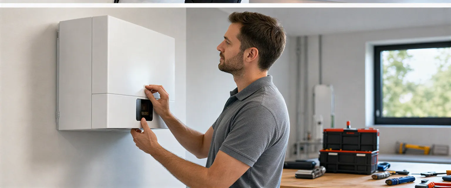 Ein Elektriker führt den Endcheck an einer modernen Wand-Wärmepumpe in einem hellen Technikraum aus.
