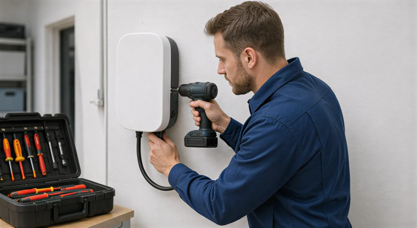 Ein Elektriker in blauer Arbeitskleidung installiert eine weiße Wallbox für ein Elektroauto an einer Garagenwand.