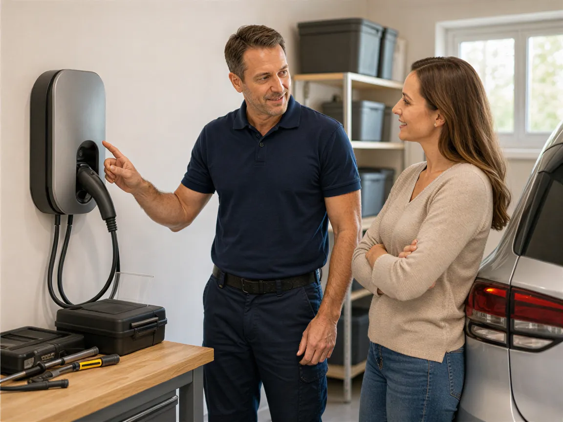 Ein Elektriker zeigt einer Hausbesitzerin eine neu installierte Wallbox-Ladestation in einer sauberen Garage.