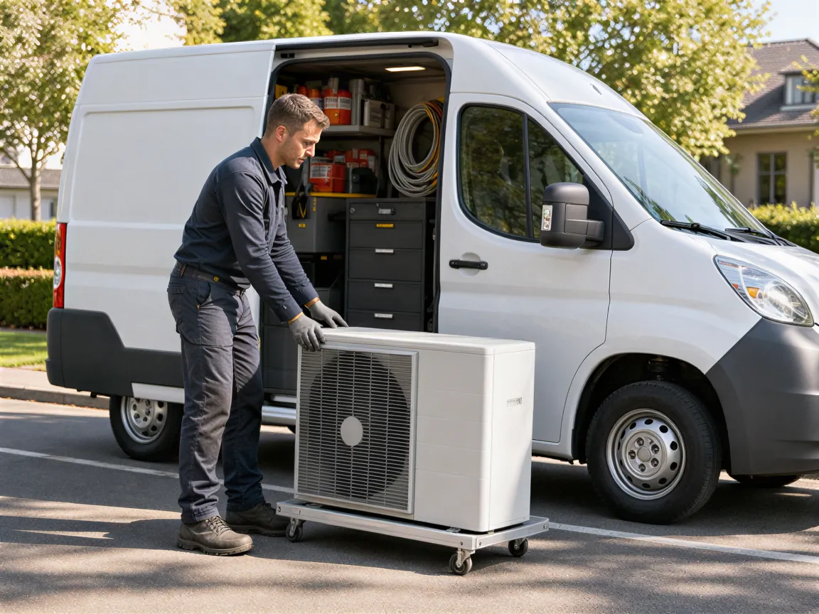 Ein Elektriker lädt eine Wärmepumpe auf einen Rollwagen vor seinem weißen Servicelieferwagen in einer ruhigen Vorstadtstraße.