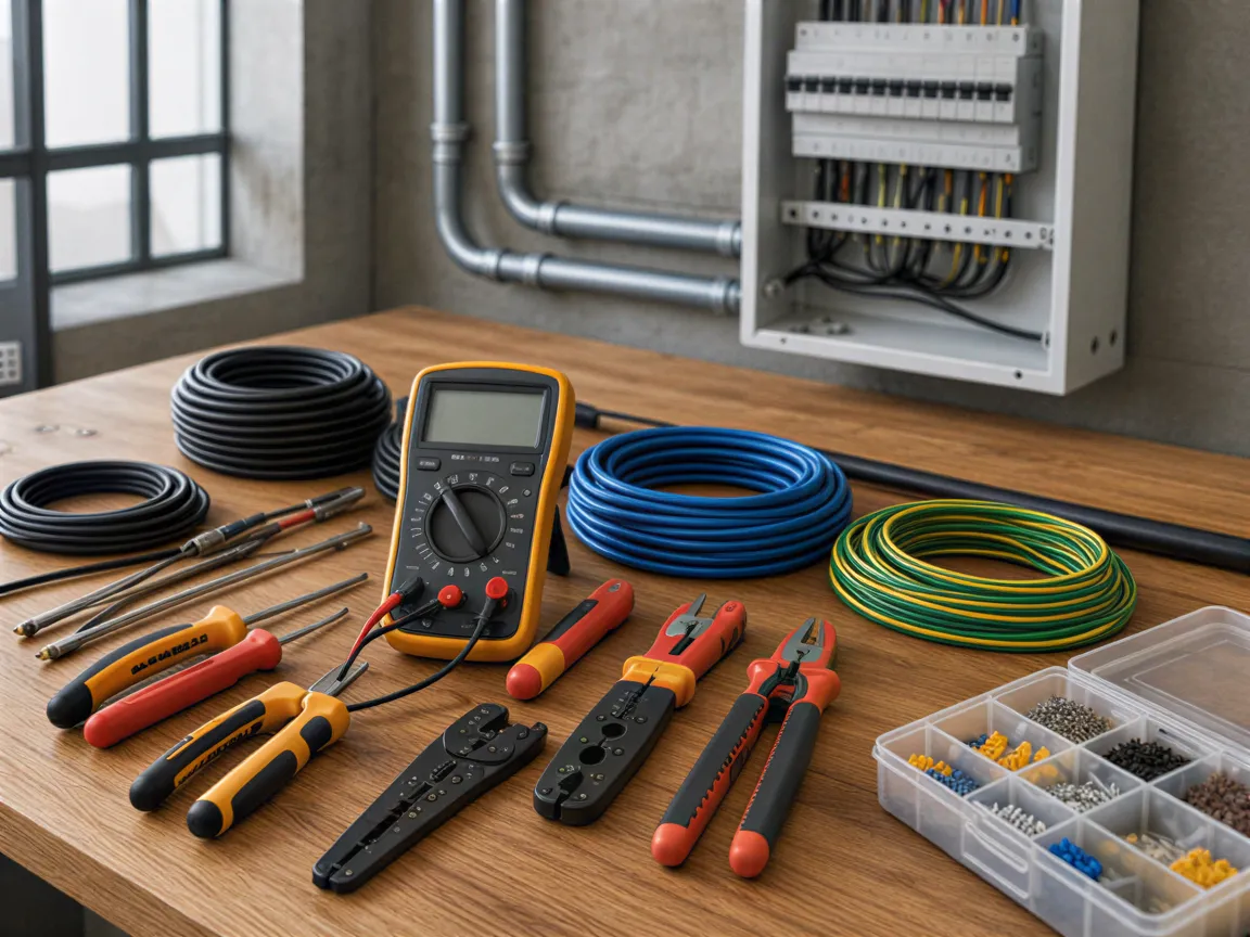 Ein Elektriker-Arbeitsplatz mit präzise angeordneten Werkzeugen wie Multimeter und Abisolierzangen auf einer Holzplatte.