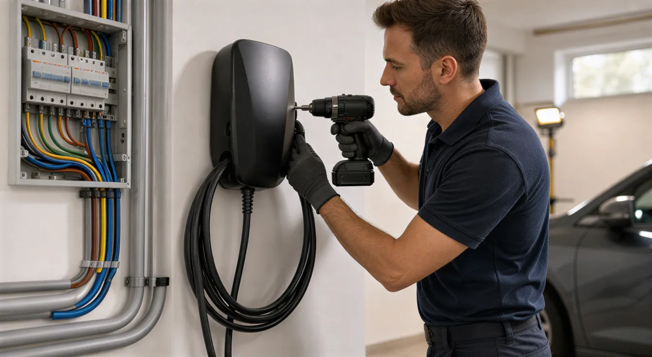 Ein Elektriker installiert eine schwarze Ladestation für Elektroautos an einer weißen Wand in einer Garage.