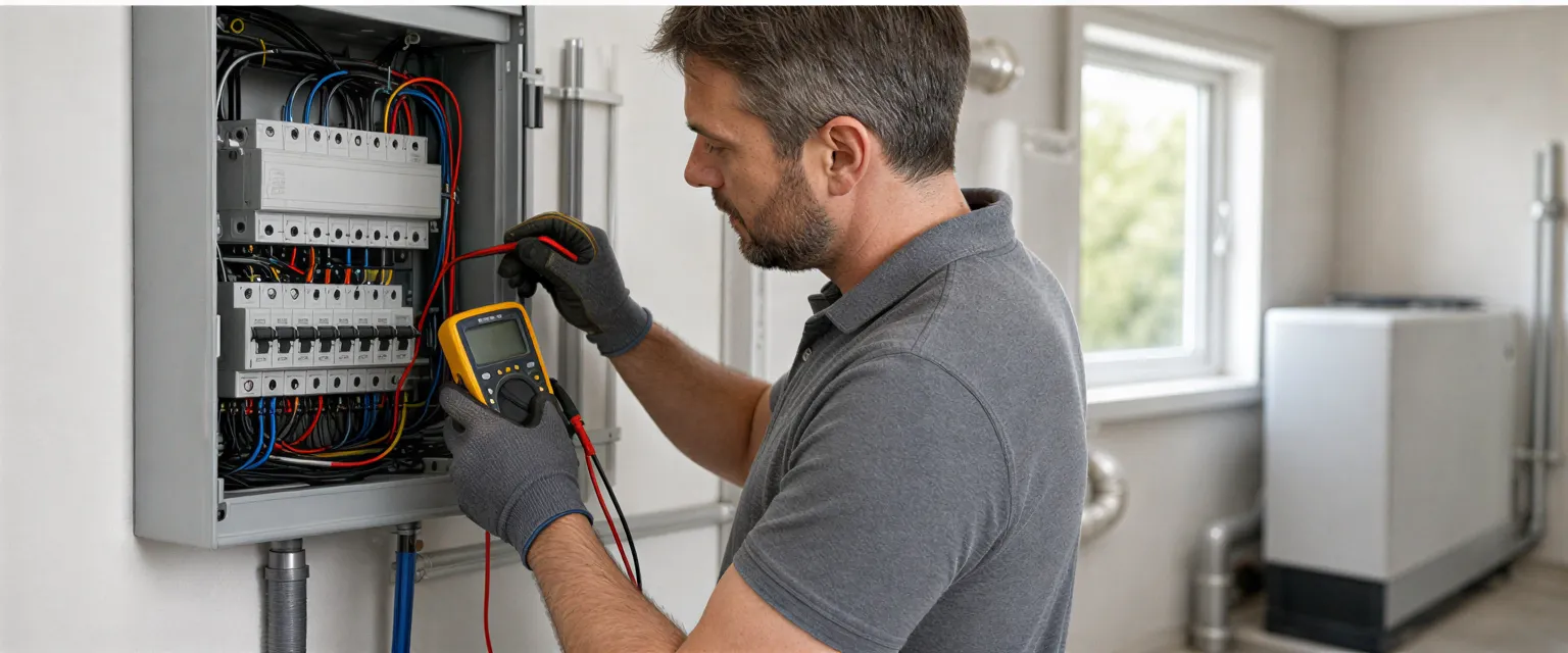 Ein Elektriker führt mit einem digitalen Multimeter einen Qualitätscheck an einer neu installierten Wandverteilung durch.