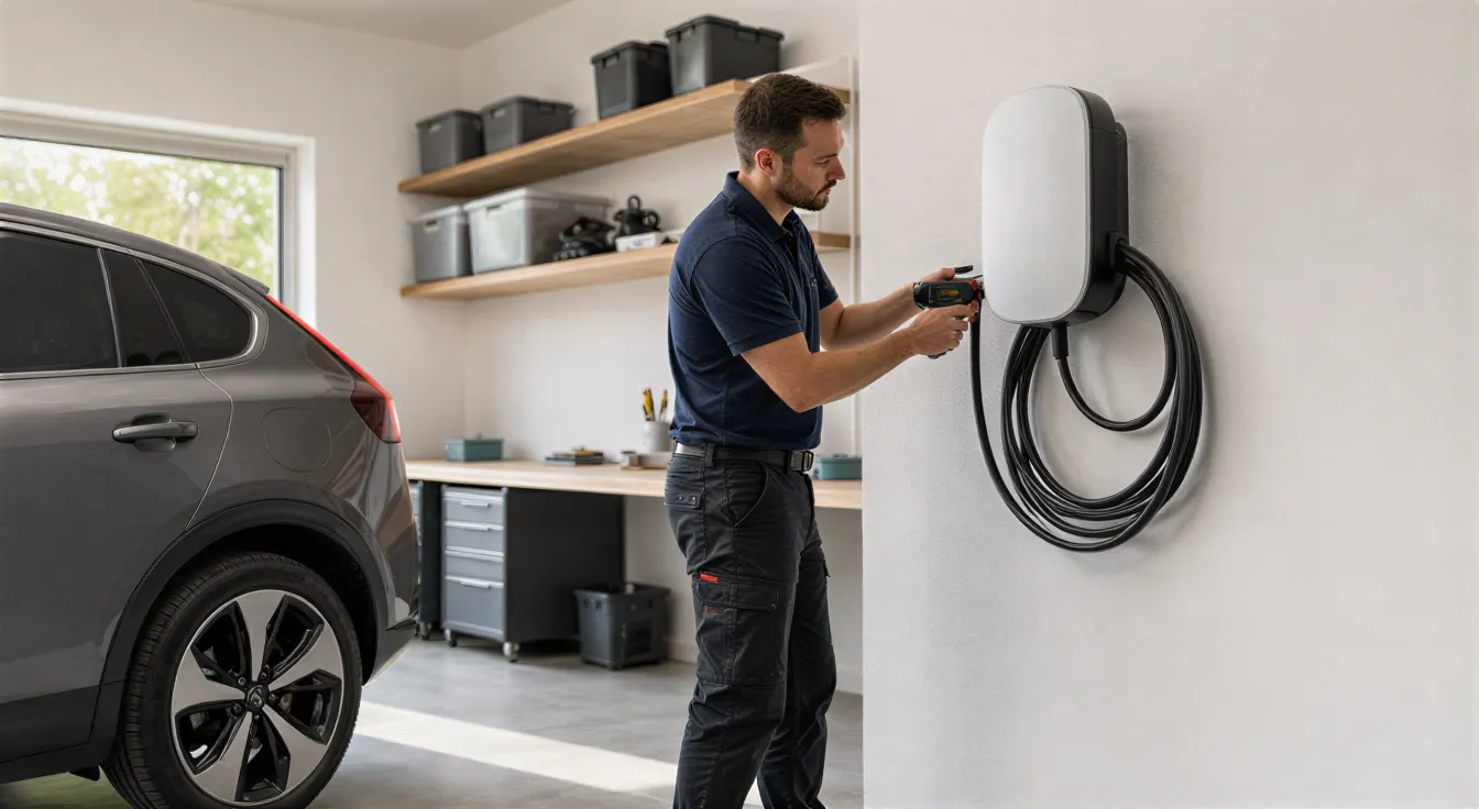 Ein Elektriker installiert eine moderne Wallbox-Ladestation in einer sauberen, hellen Garage.