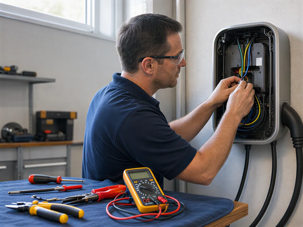 Ein Elektriker installiert sorgfältig eine Wandladestation für Elektroautos in einer sauberen Garage.