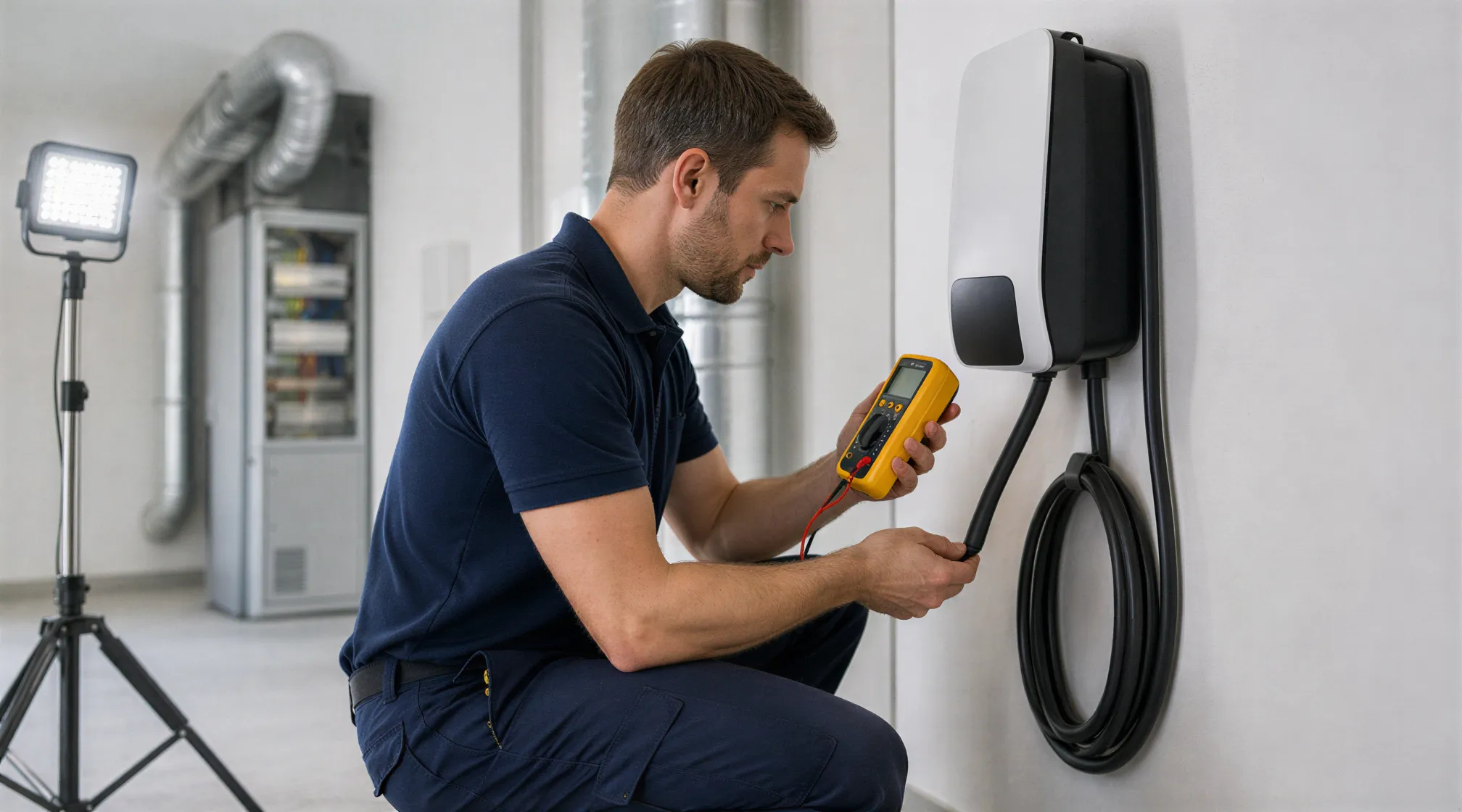 Ein Elektriker prüft mit einem Multimeter eine Wandladestation für Elektroautos in einer modernen Garage.