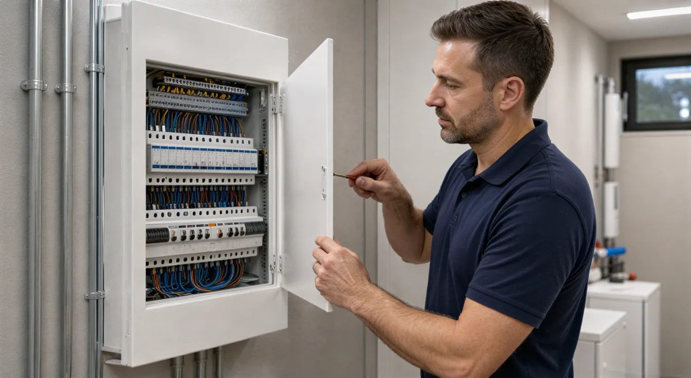 Ein Elektriker in blauem Polo befestigt die Abdeckung eines weißen, sauberen Elektroverteilers an einer grauen Wand.