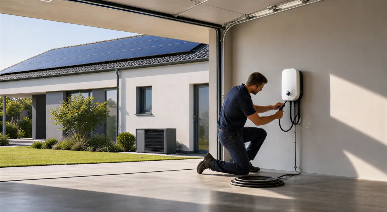 Ein Elektriker installiert eine Wandladestation in einer Garage mit Blick auf ein modernes Haus mit Solaranlage.