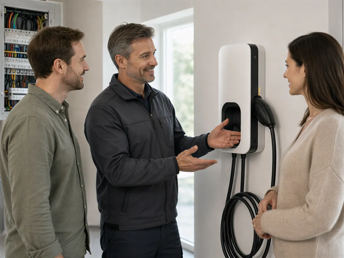 Ein Elektriker erklärt einem Paar die neue Wallbox für ihr Elektroauto in einem sauberen Technikraum.